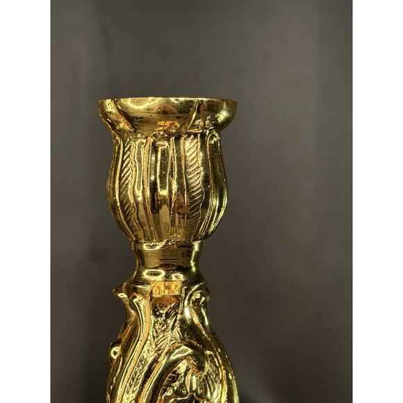 Solid Brass Candlestick Pair 10” Heavy Gold Finish Vintage French Style - Picture 7 of 14